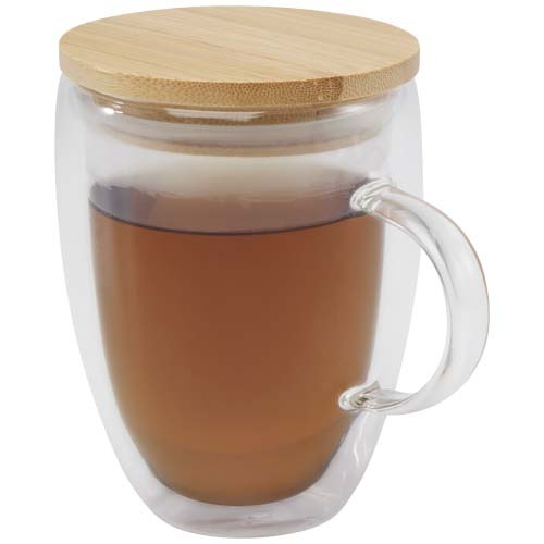 Tazza in vetro da 350 ml con coperchio in bambù Leona - 113418