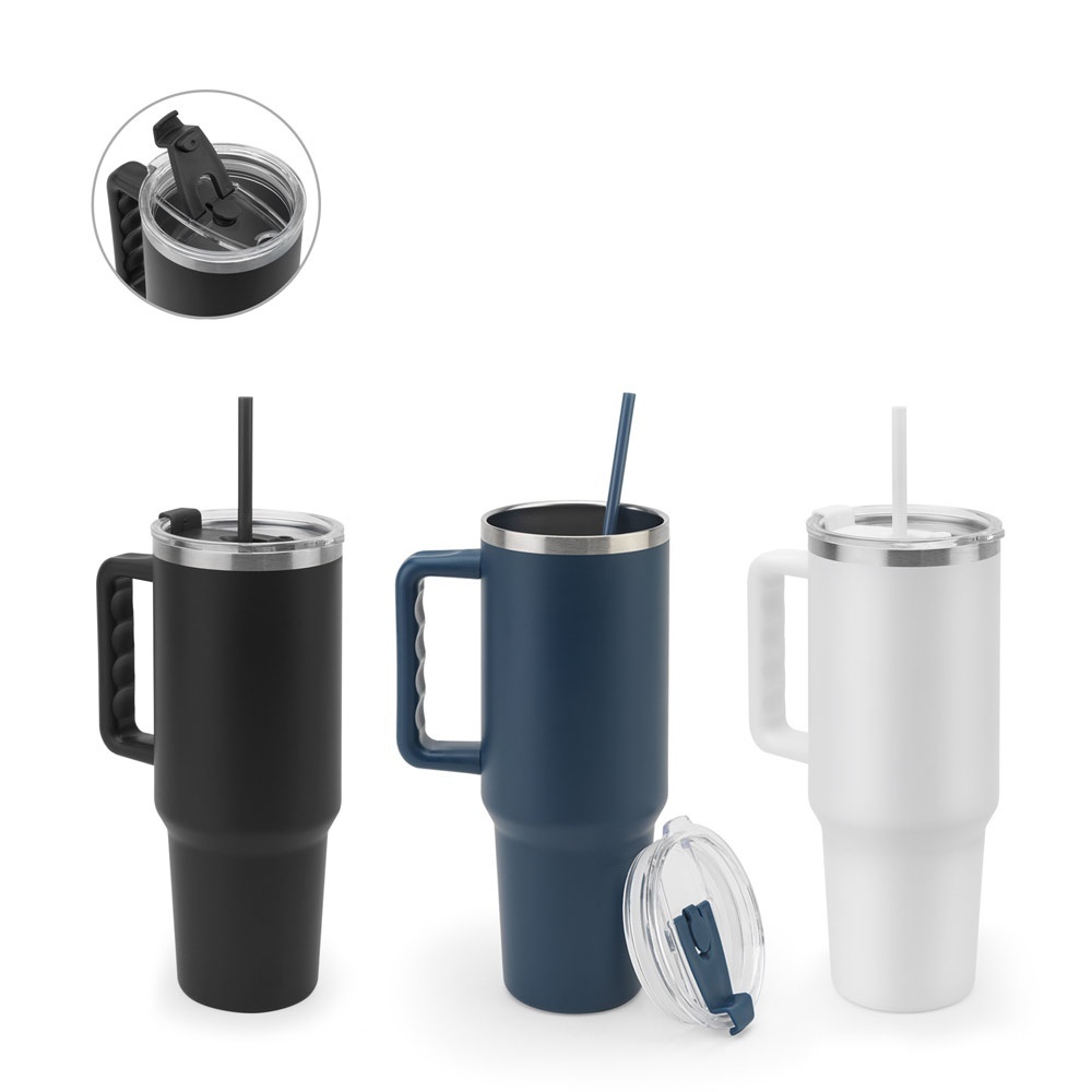 JOYNER XL. Tazza da viaggio grande in acciaio inossidabile (riciclata al 91%) con doppia parete isolata sottovuoto e finitura opaca da 1300 ml - 94373