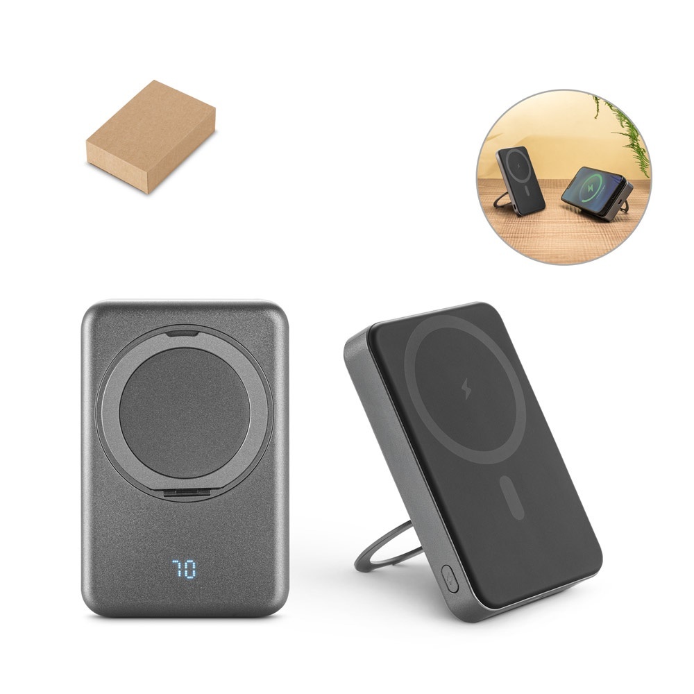 WARSHEL 10. Power bank magnetico da 10'000 mAh con caricatore wireless superveloce da 15W in ABS riciclato (100% rABS) con supporto - 97143