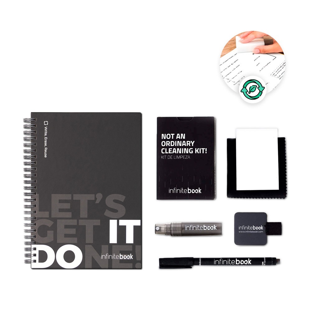 STARTER KIT INFINITEBOOK. Set composto da un &quot;Infinitebook&quot; con copertina rigida, 1 kit di pulizia, 1 pennarello e 1 porta pennarello - 33211