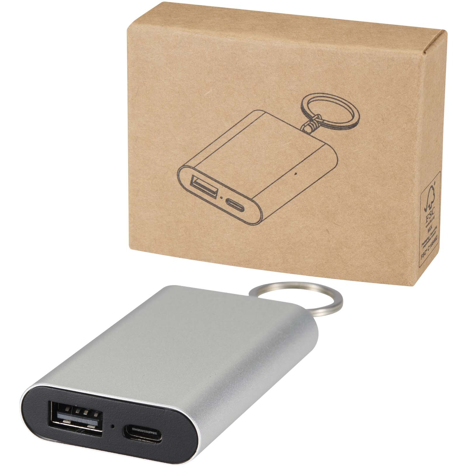 Power bank da 2000 mAh in alluminio riciclato con portachiavi Arcturus - 124517