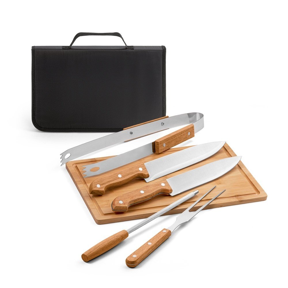 FLARE. Set per barbecue composto da tagliere in bambù e 5 utensili in legno e acciaio inox - 54142