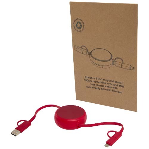 Cavo retrattile 5 in 1 da 100 cm in plastica riciclata e alluminio per la sincronizzazione dei dati e la ricarica rapida da 45 W Alasia - 124420