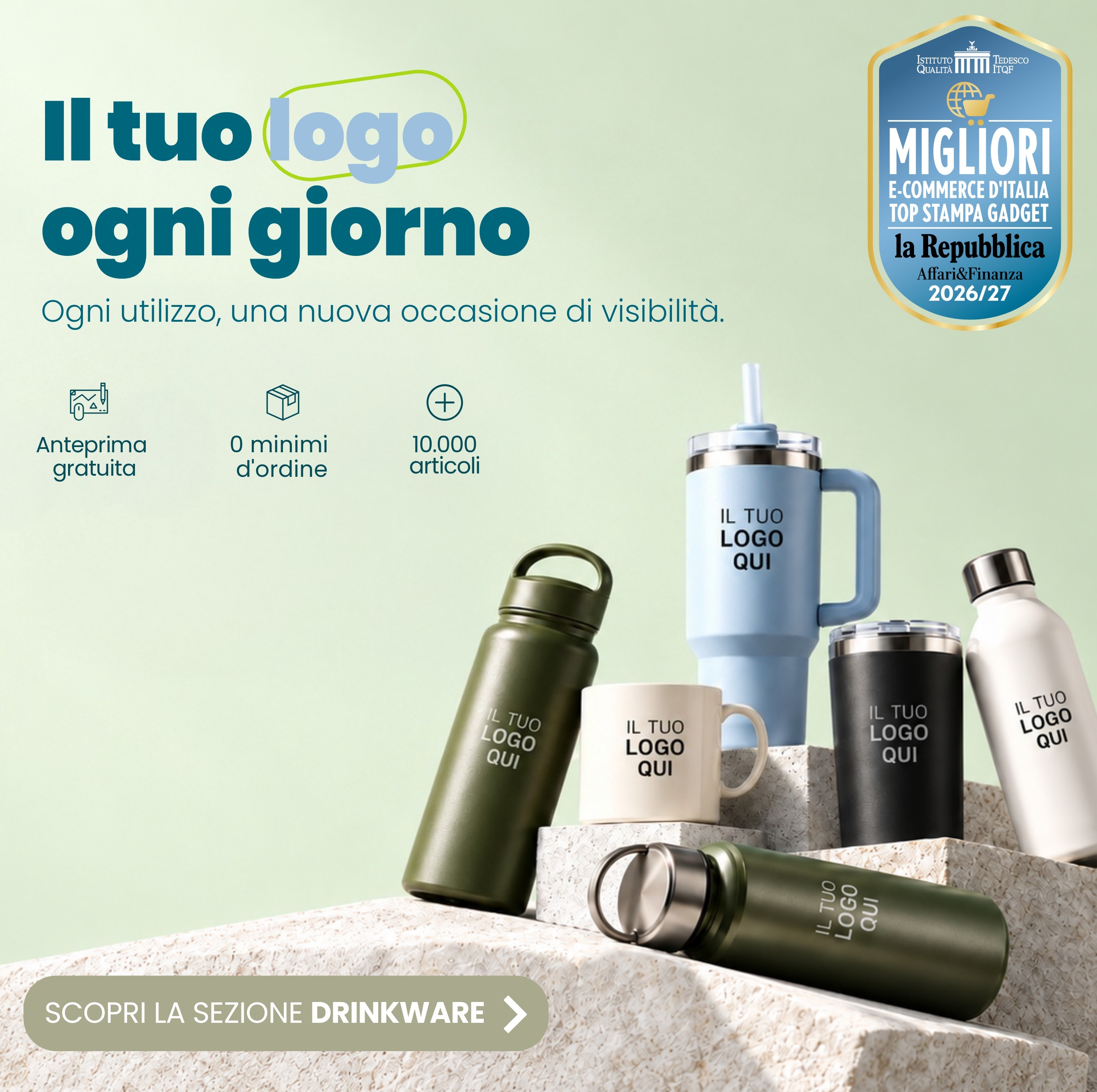 scopri la sezione drinkware e personalizza i tuoi prodotti con il tuo logo